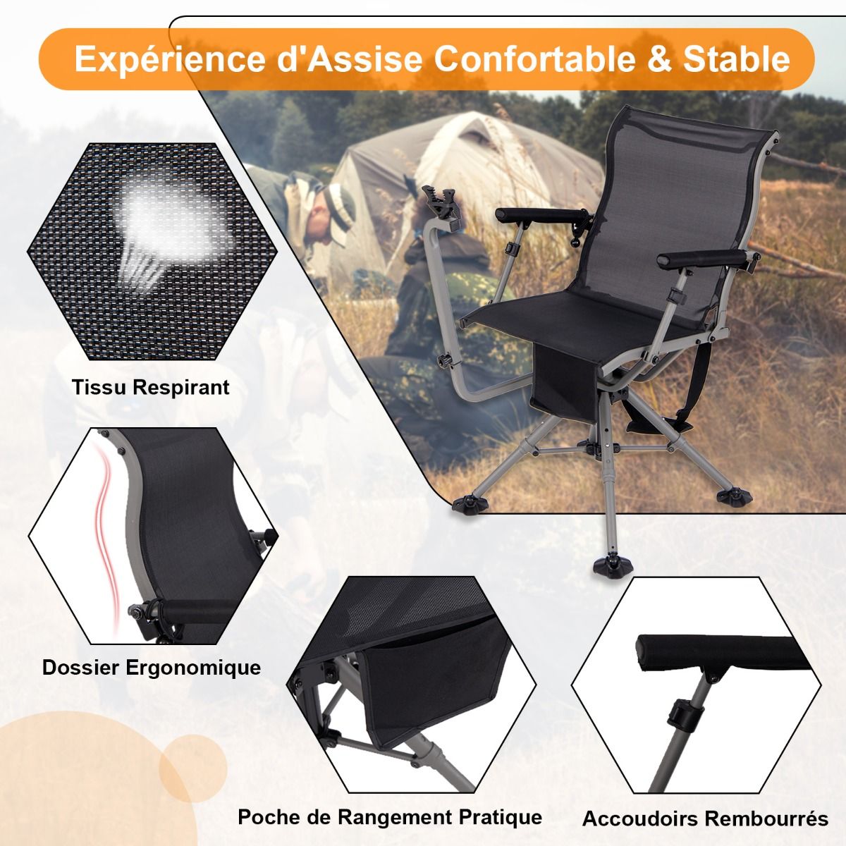 Portable Hunting Chair Shooting Chair with Adjustable Folding Seat 360° Rotation Adjustable Rifle Support Load 150 kg Black -