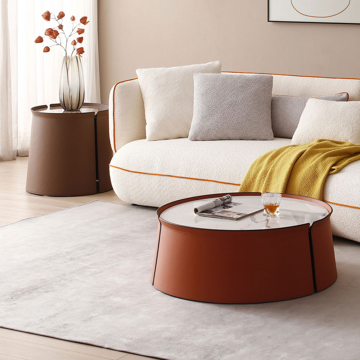 31.5 in Coffee Table, Marble Top+Orange Saddle Leather Body+Iron Frame - Product image 2