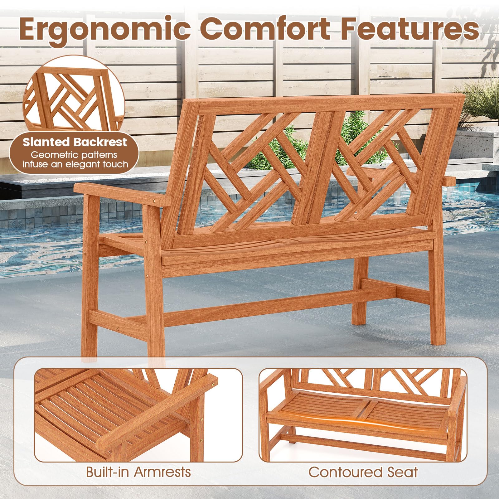 Tangkula Outdoor Bench Wood 2-Person Patio Loveseat Chair with Geometric Backrest - Product image 7