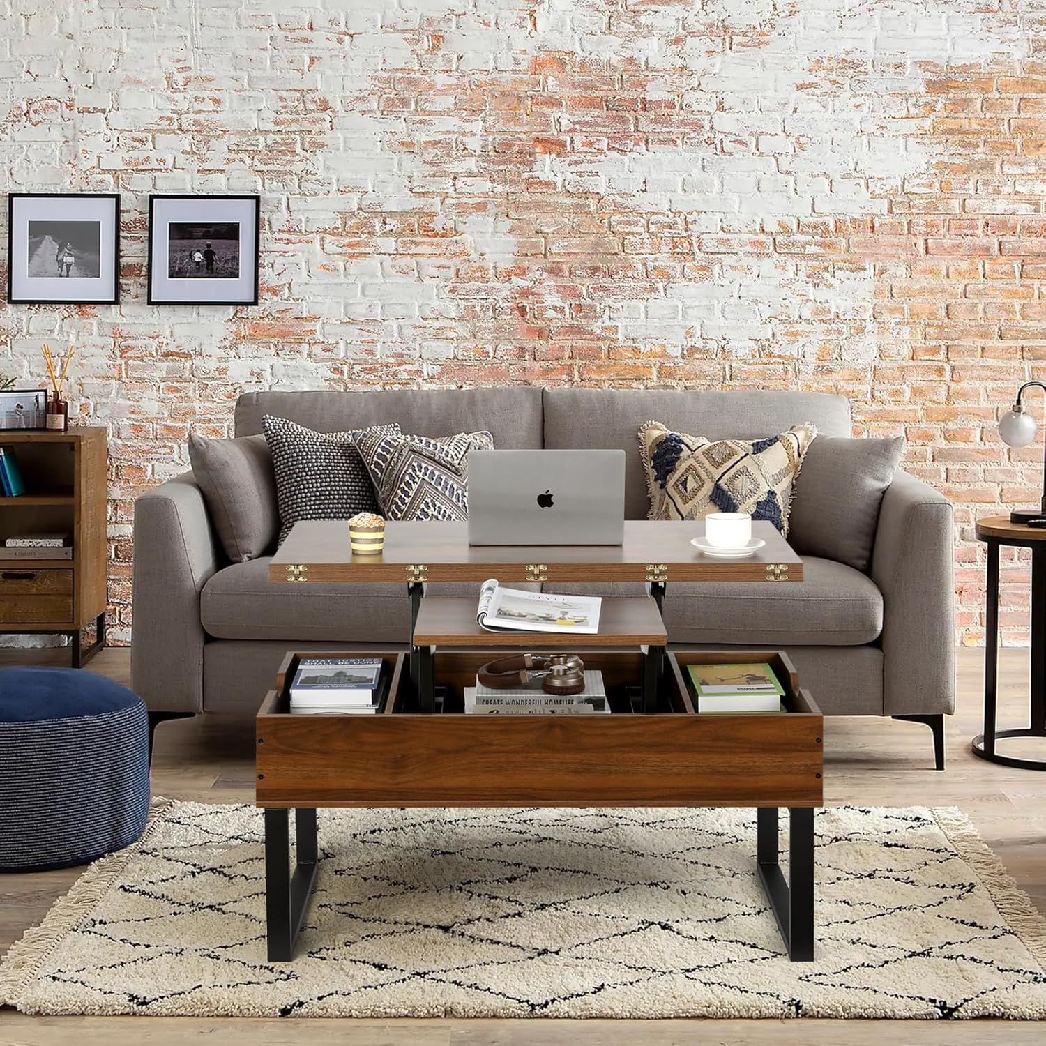 VOWNER Liftable Coffee Table, 3 in 1 Multifunctional Living Room Table with Hidden Storage, Convertible Living Room Dining Coffee Table, Walnut Color