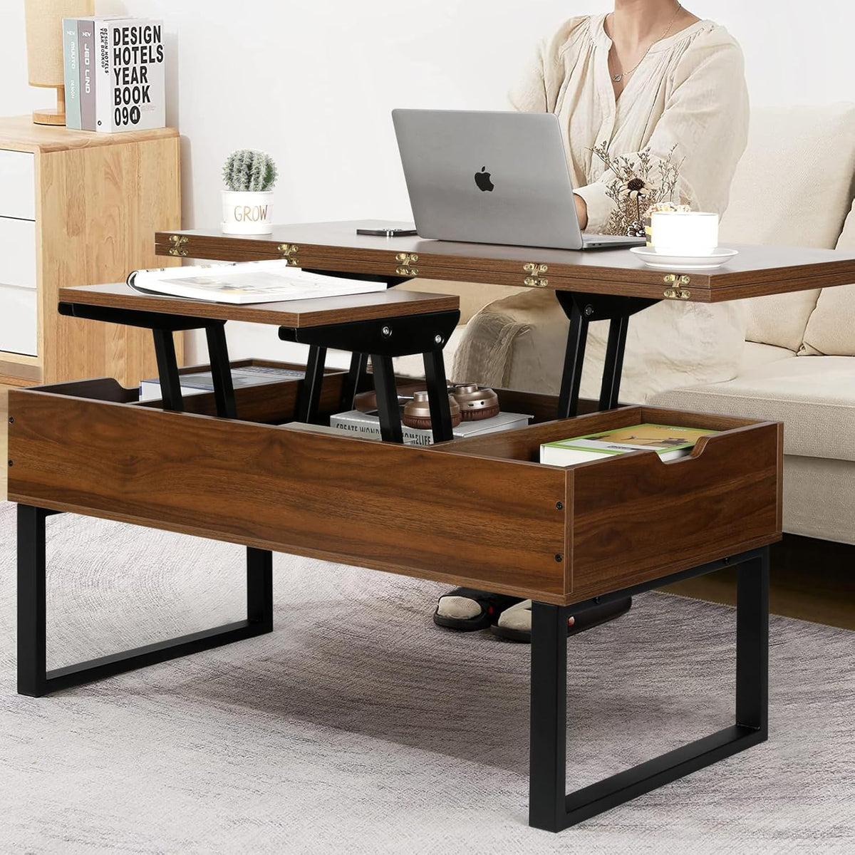 VOWNER Liftable Coffee Table, 3 in 1 Multifunctional Living Room Table with Hidden Storage, Convertible Living Room Dining Coffee Table, Walnut Color