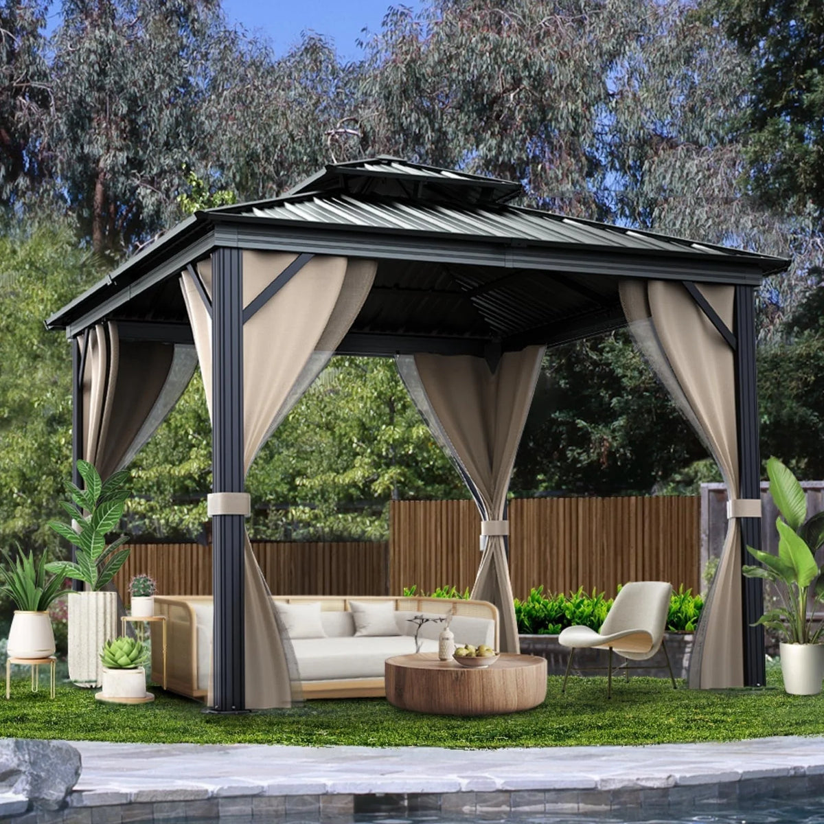 10x10 Hardtop Gazebo with double metal roof, aluminum frame, net, and curtain. All-weather - Product image 9