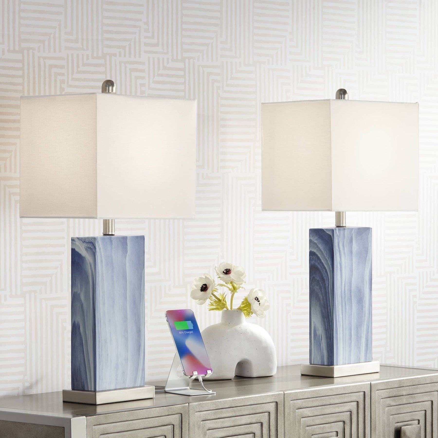 360 Lighting Connie Modern Table Lamps Set of 2 with USB Charging Port Rectangular Blue White Fabric Shade - Product image 1
