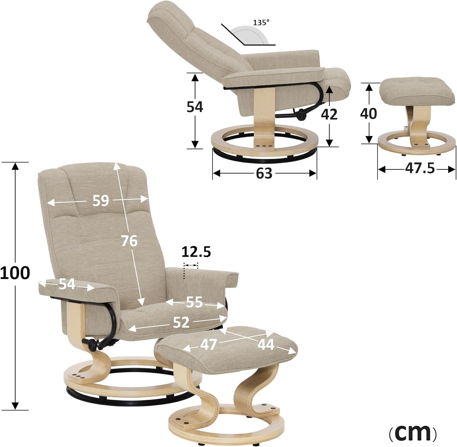 M MCombo Relax Armchair with Pouf, 360° Swivel TV Armchair with Chaise Longue Function, TV Armchair Supporting Up to 120 Kg, Rest Armchair for Living Room, 9019 (Fabric, Beige)