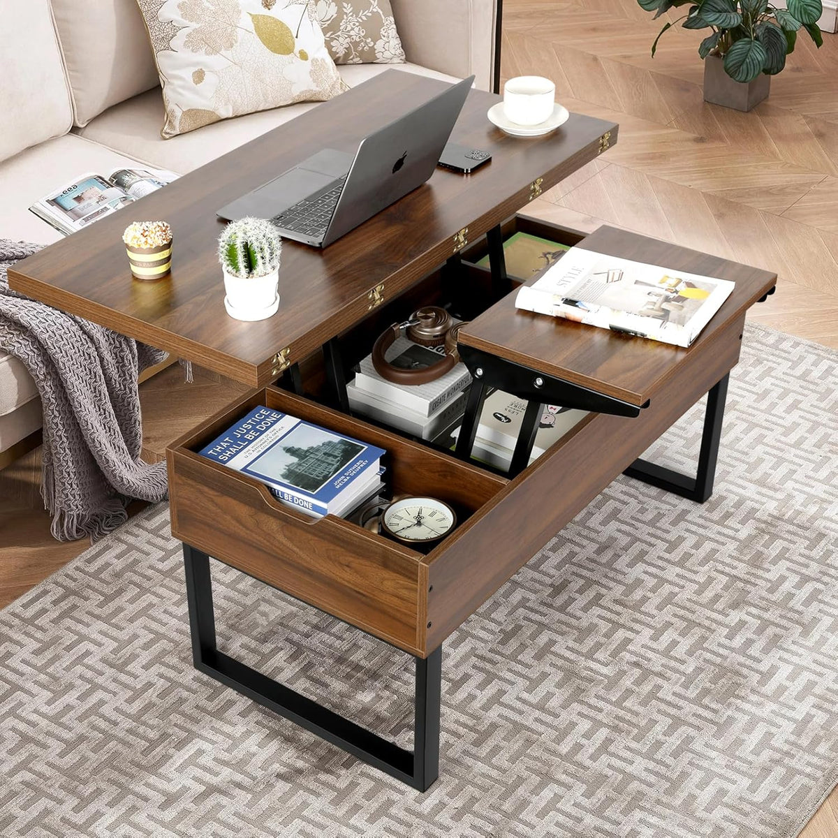 VOWNER Liftable Coffee Table, 3 in 1 Multifunctional Living Room Table with Hidden Storage, Convertible Living Room Dining Coffee Table, Walnut Color