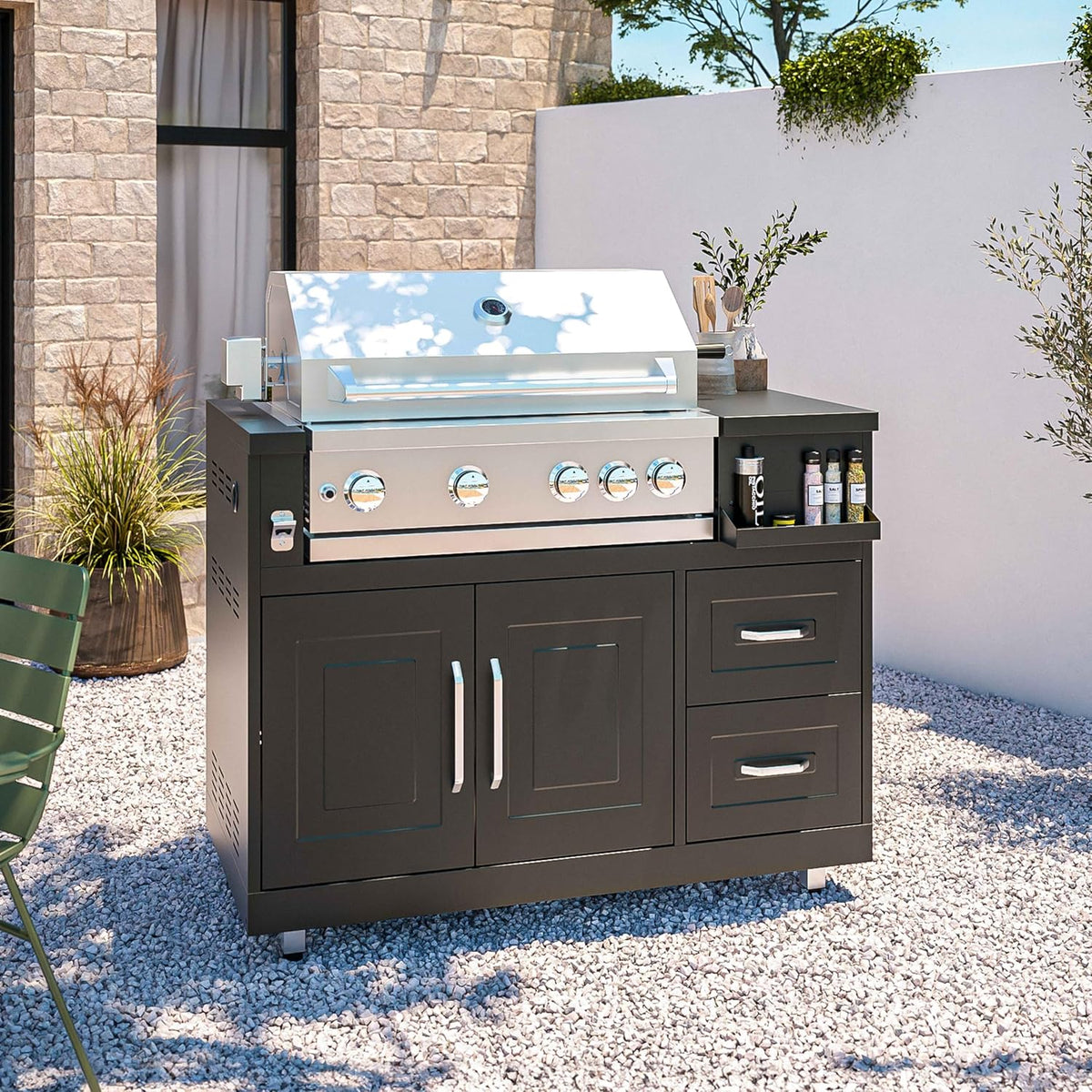 Outdoor metal kitchen with barbecue sink and storage