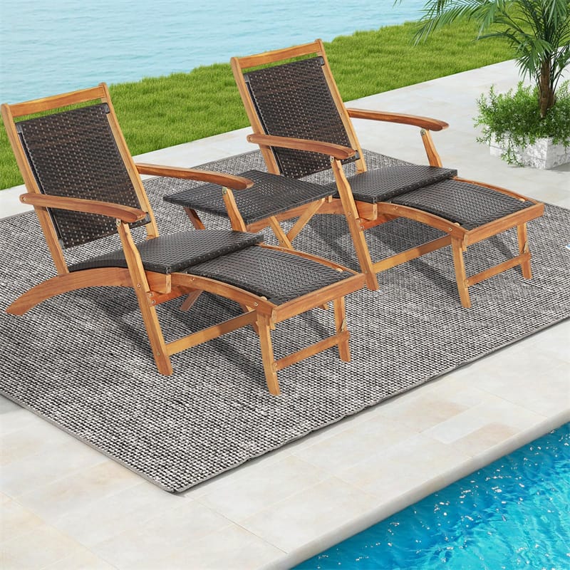 3-Piece Patio Lounge Chair Set, Acacia Wood Rattan Wicker Folding Chaise Lounge with Retractable Ottoman & - Product image 1