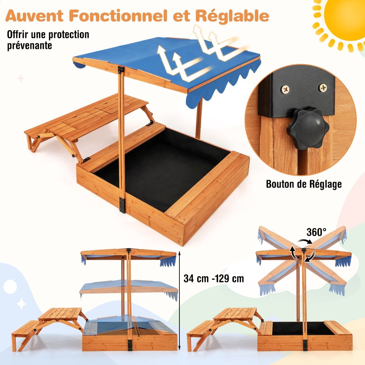 Wooden Children's Sandbox with Lid Play Area with Foldable Sensory Table & Adjustable Parasol Bench for 3+ Years Natural -