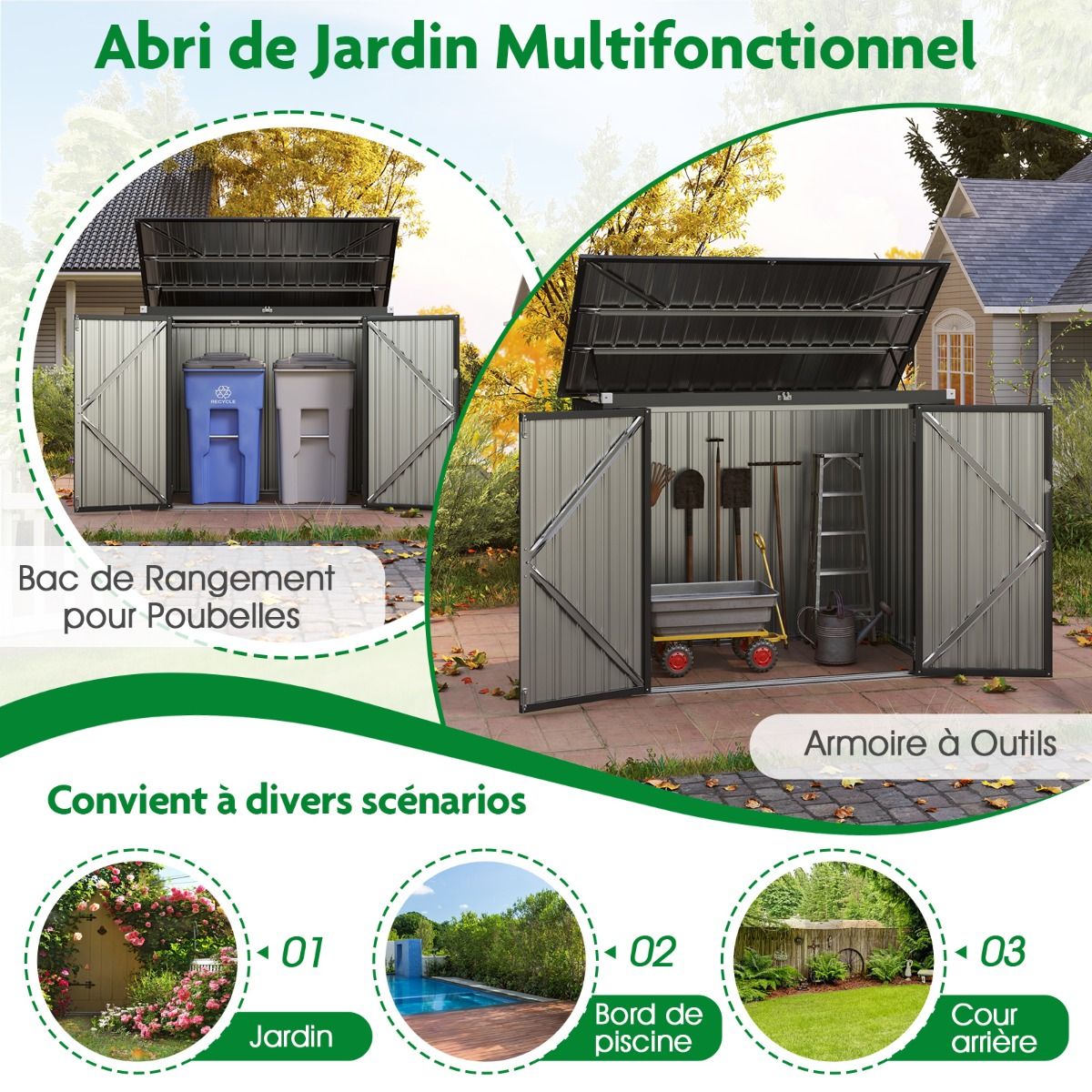 Galvanized Metal Storage Shed for Outdoor Bins Lockable Garden Shed with Open Roof 2 Doors 172X95.5X130CM Gray -