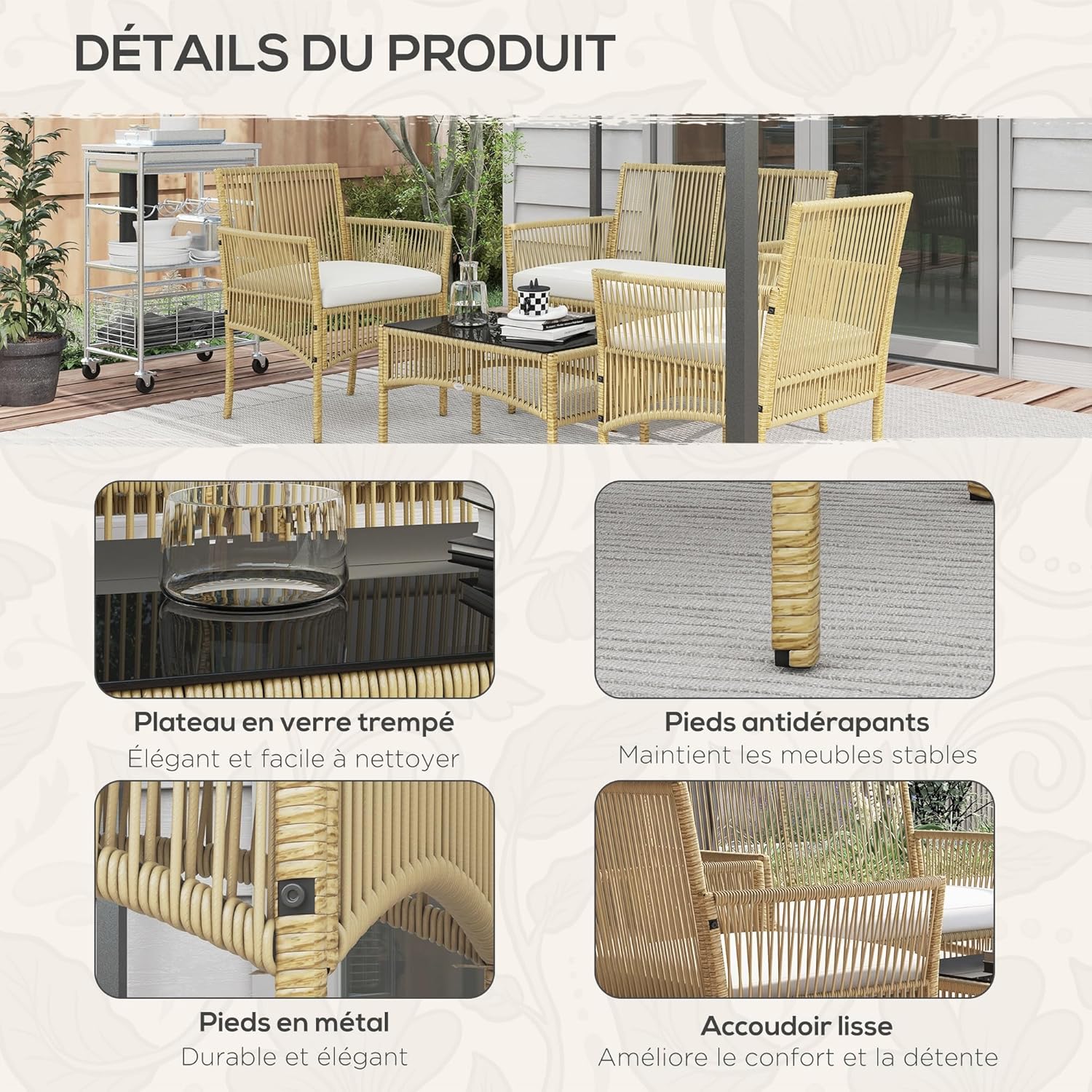 Outsunny Outdoor garden furniture 4 pieces 2-seater sofa + 2 armchairs + 1 coffee table Black tempered glass top 3 seat cushions - metal and woven resin - Beige