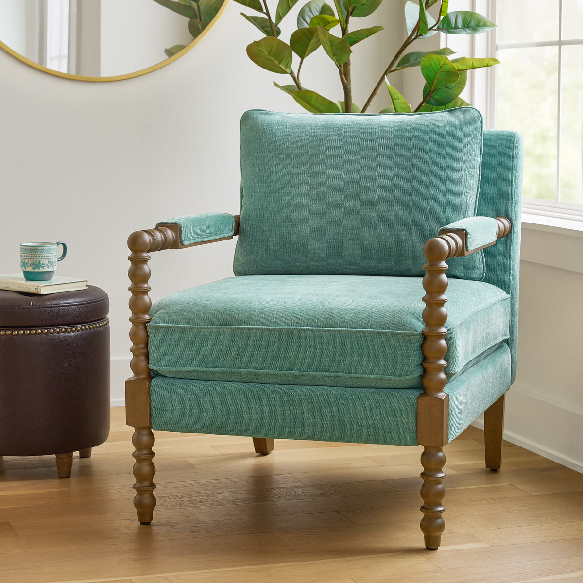 Pioneer Woman Harper Spindle Accent Chair, Jade Fabric Upholstery - Product image 1