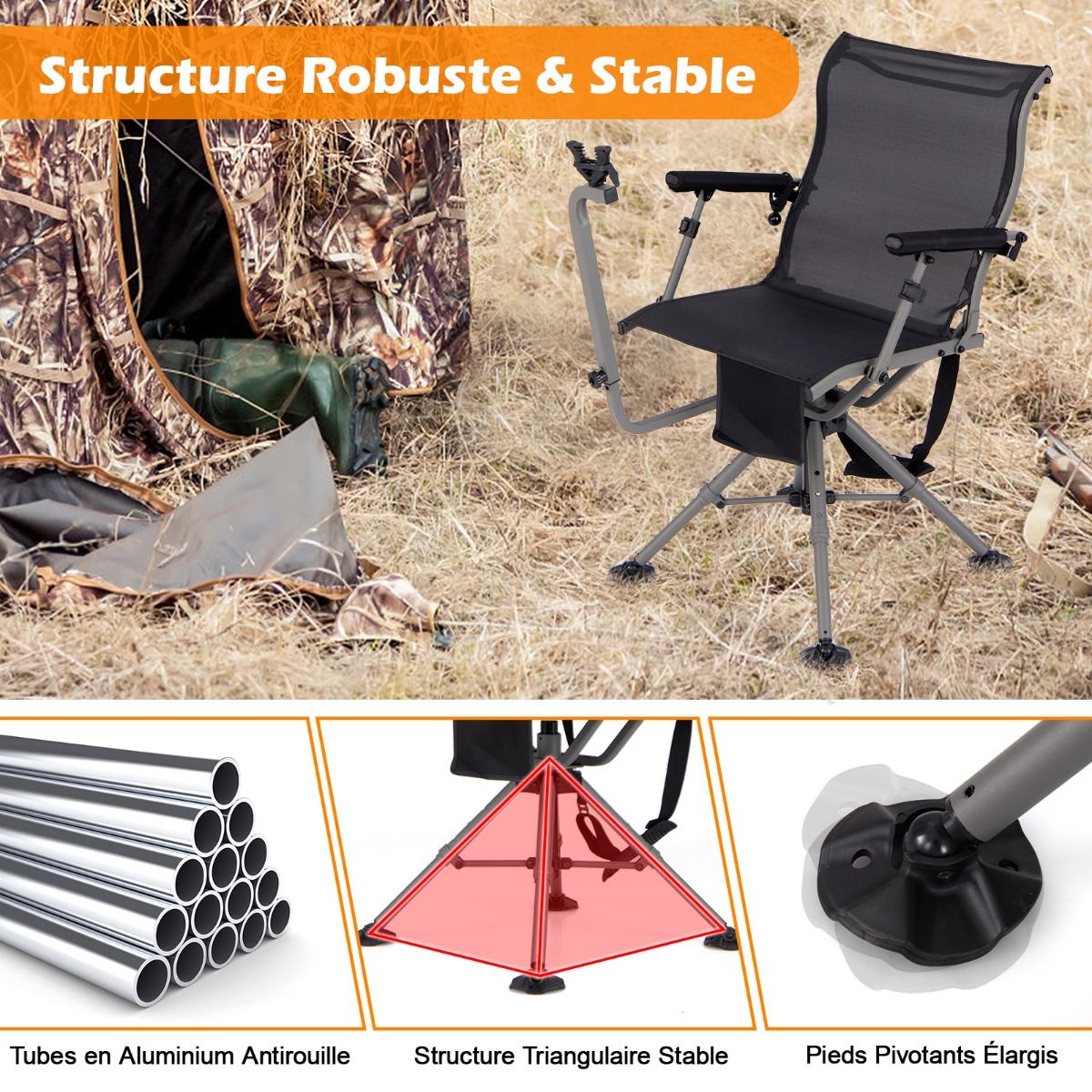 Portable Hunting Chair Shooting Chair with Adjustable Folding Seat 360° Rotation Adjustable Rifle Support Load 150 kg Black -