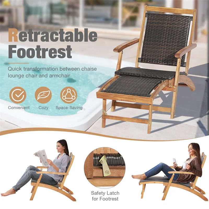 3-Piece Patio Lounge Chair Set, Acacia Wood Rattan Wicker Folding Chaise Lounge with Retractable Ottoman & - Product image 5