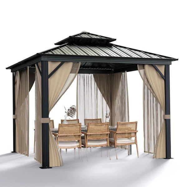10x10 Hardtop Gazebo with double metal roof, aluminum frame, net, and curtain. All-weather - Product image 1
