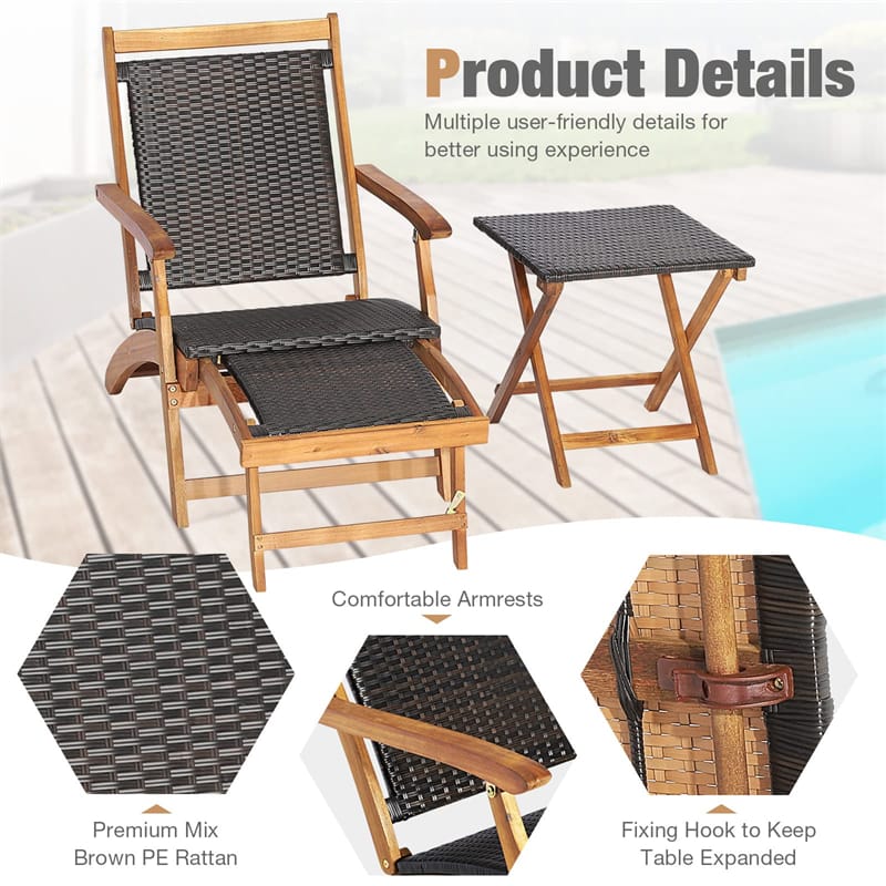 3-Piece Patio Lounge Chair Set, Acacia Wood Rattan Wicker Folding Chaise Lounge with Retractable Ottoman & - Product image 7