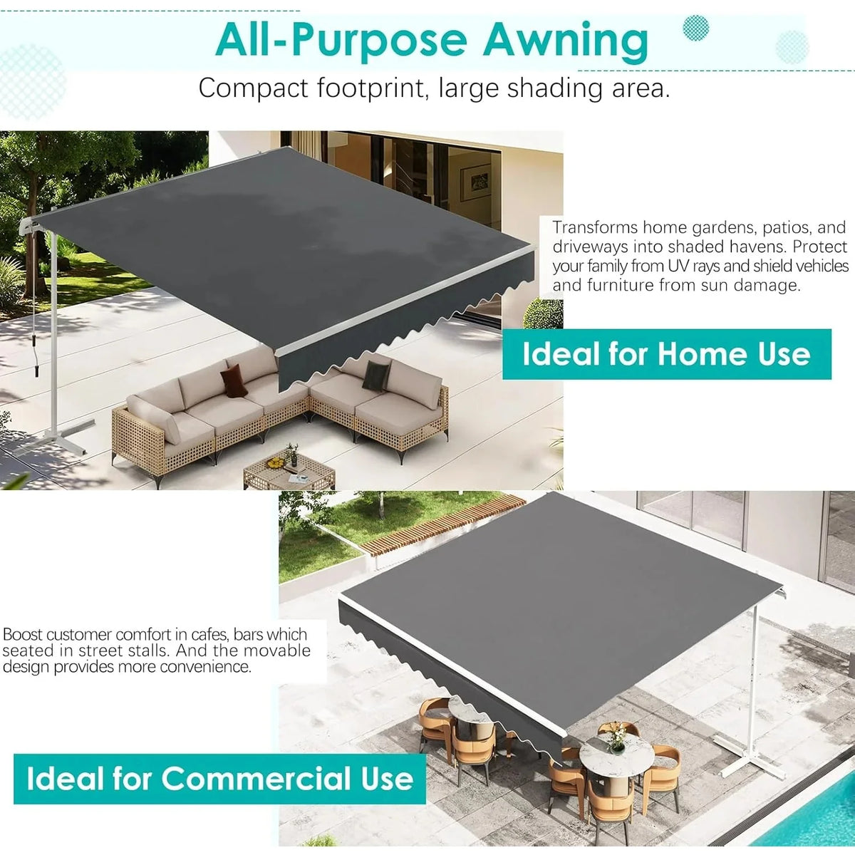 AECOJOY Free Standing Retractable Awning, 10'x8' Patio Awnings Outdoor Manual Sun Shade Shelter, Dark Grey - Product image 15