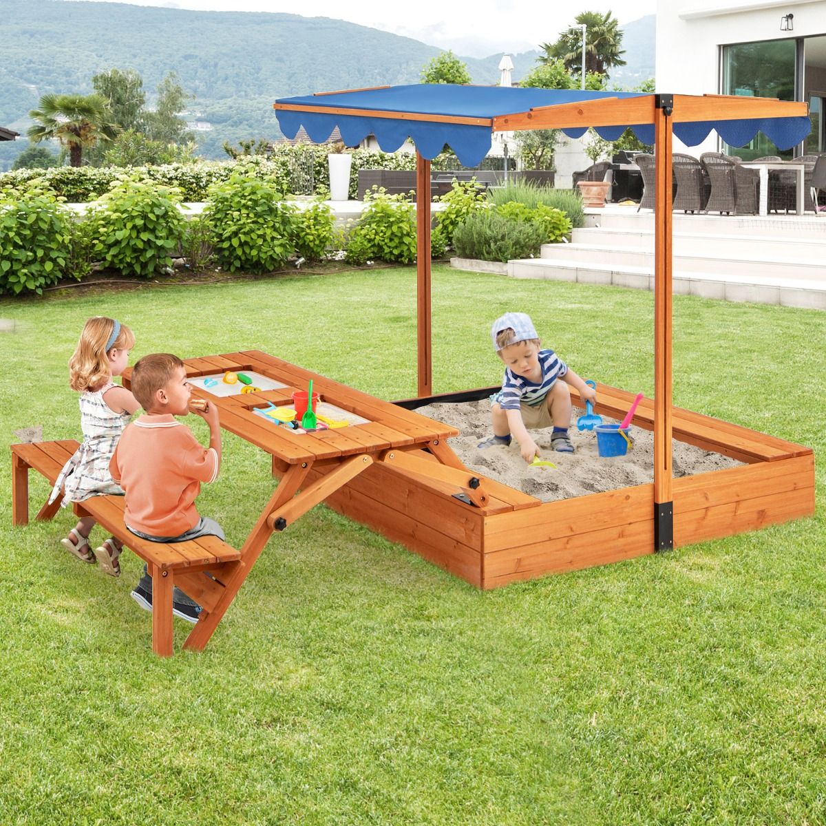 Wooden Children's Sandbox with Lid Play Area with Foldable Sensory Table & Adjustable Parasol Bench for 3+ Years Natural -