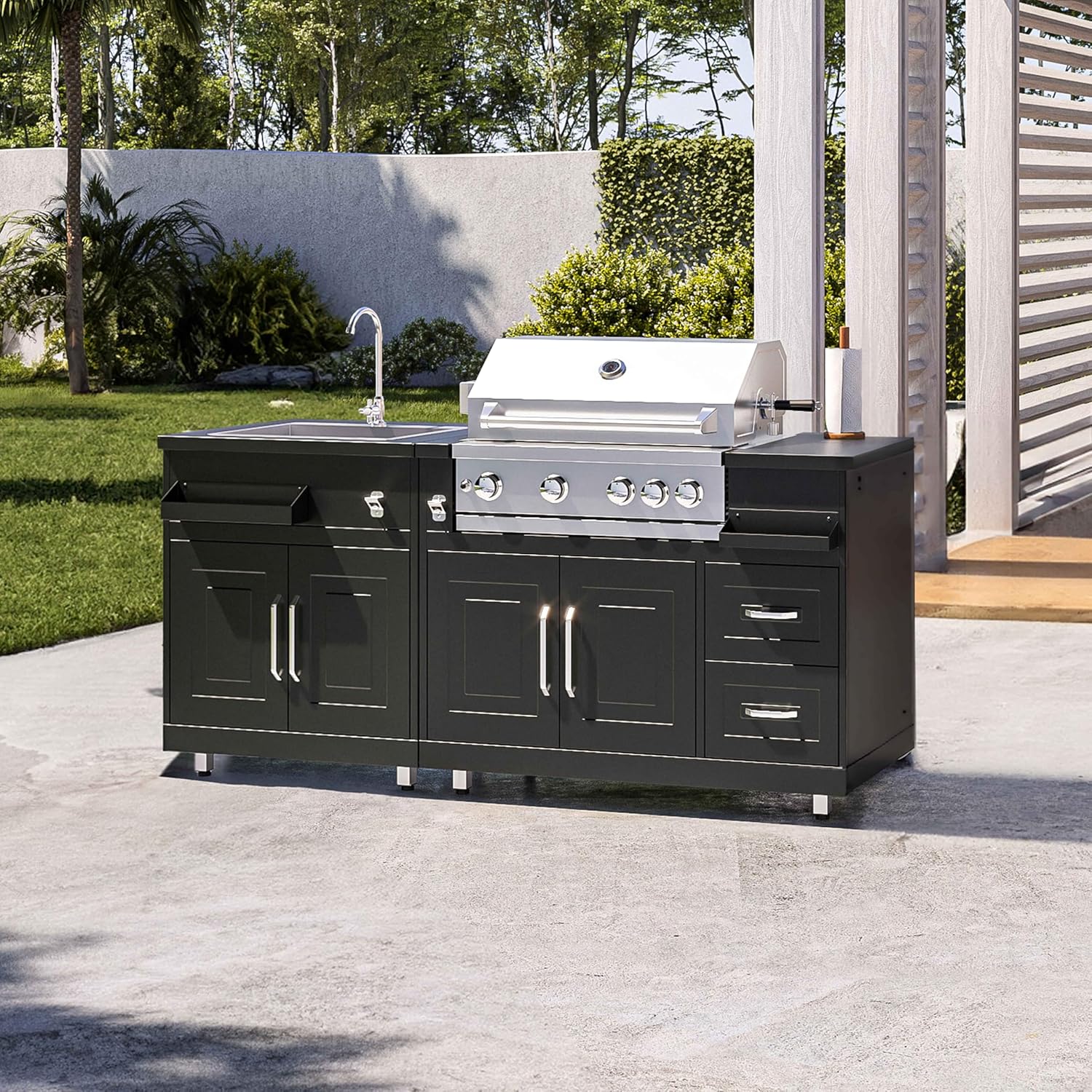 Outdoor metal kitchen with barbecue sink and storage