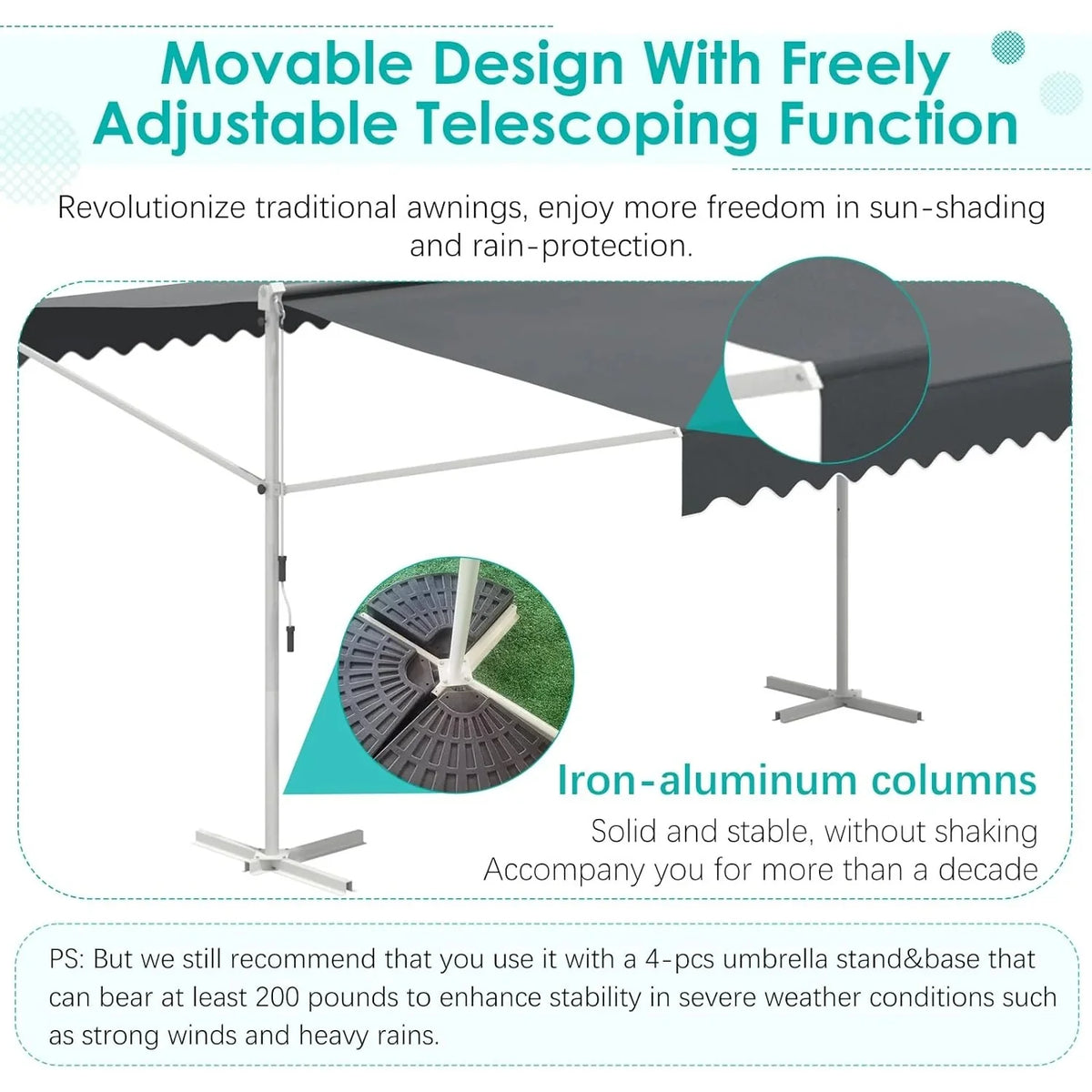 AECOJOY Free Standing Retractable Awning, 10'x10' Dual Side Patio Awnings Outdoor Manual Sun Shade Shelter - Product image 8