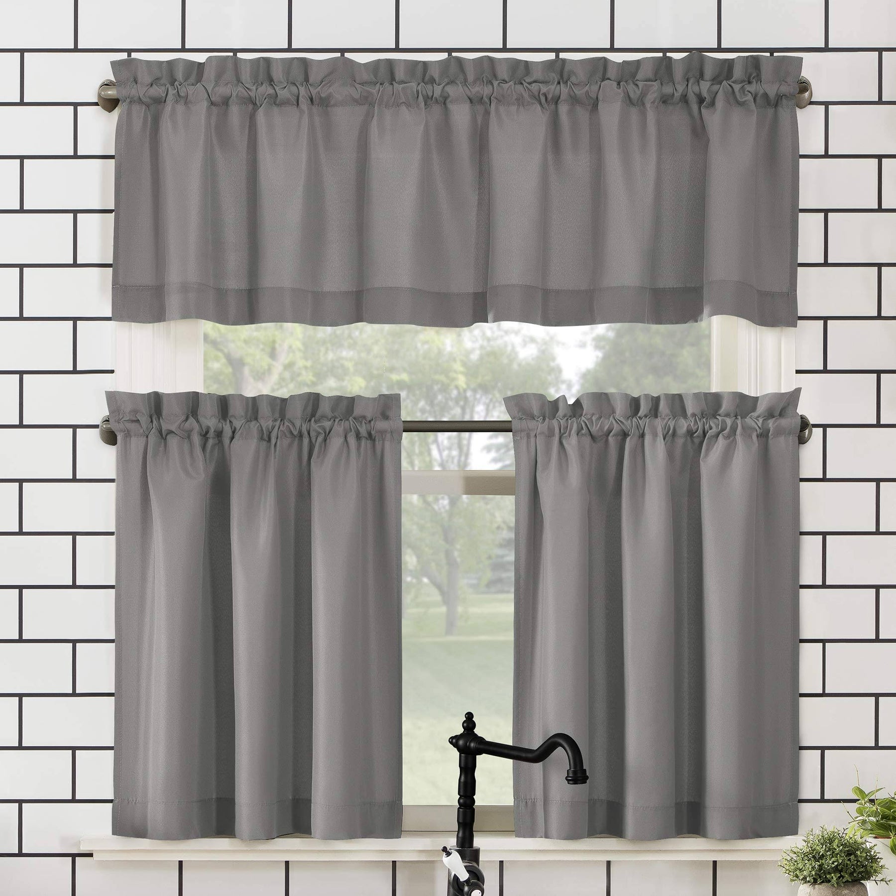 No. 918 Martine Microfiber Semi-Sheer Rod Pocket Kitchen Curtain Valance and Tiers Set - Gray - 54" x 45" - Product image 1