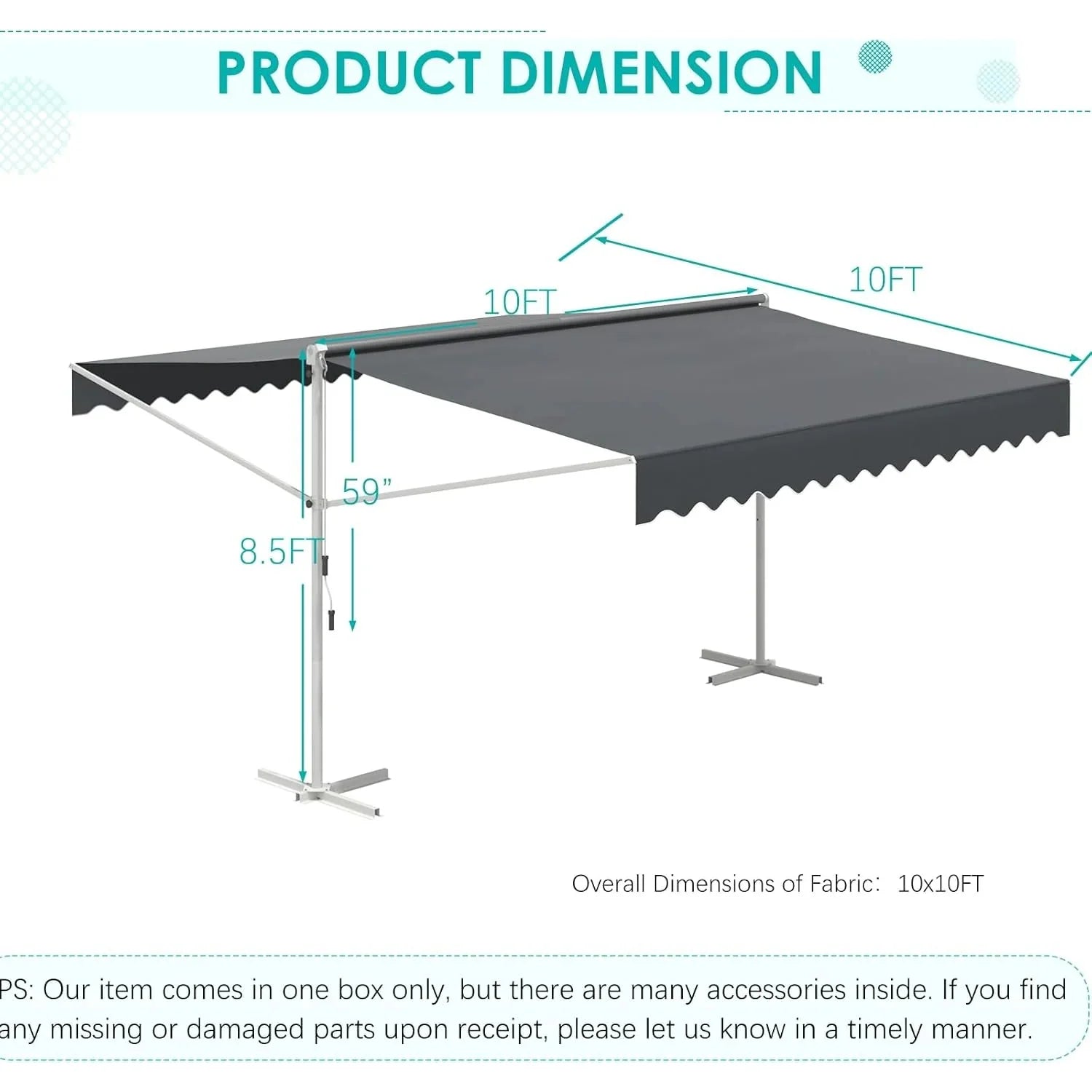 AECOJOY Free Standing Retractable Awning, 10'x10' Dual Side Patio Awnings Outdoor Manual Sun Shade Shelter - Product image 5