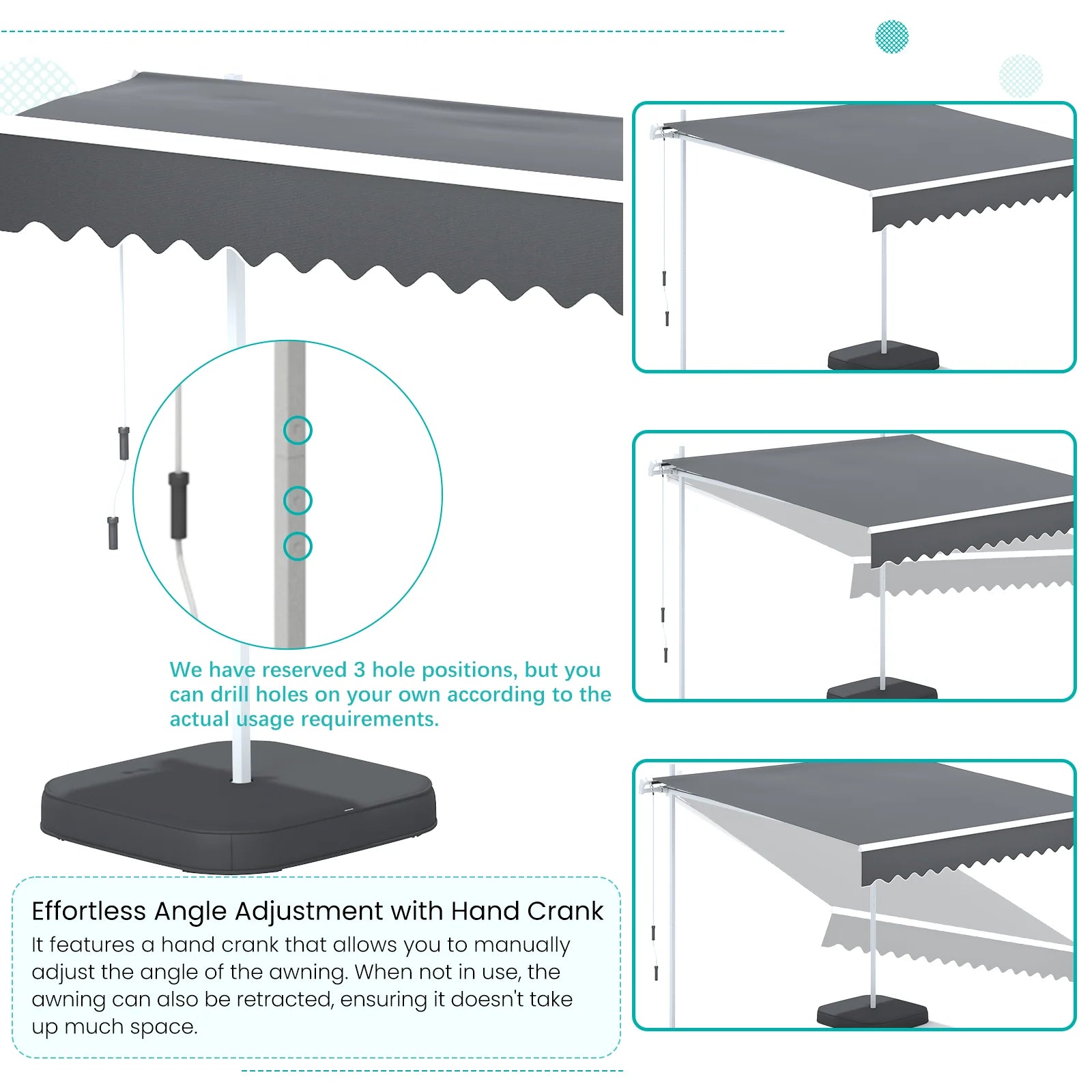 AECOJOY Free Standing Retractable Awning, 10'x8' Patio Awnings Outdoor Manual Sun Shade Shelter, Dark Grey - Product image 5