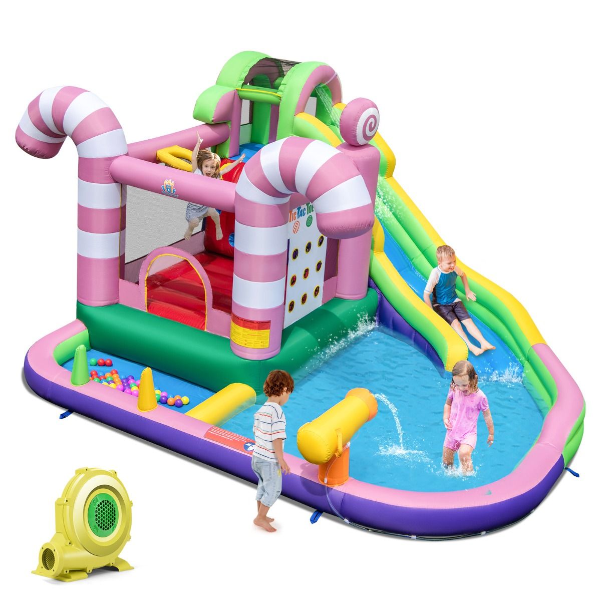 9 in 1 Candy Shaped Bouncy Castle with Slide Inflatable Jumping House with Water Gun Load 90kg for 2 Children Aged 3-10 -