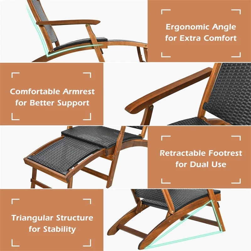 3-Piece Patio Lounge Chair Set, Acacia Wood Rattan Wicker Folding Chaise Lounge with Retractable Ottoman & - Product image 6