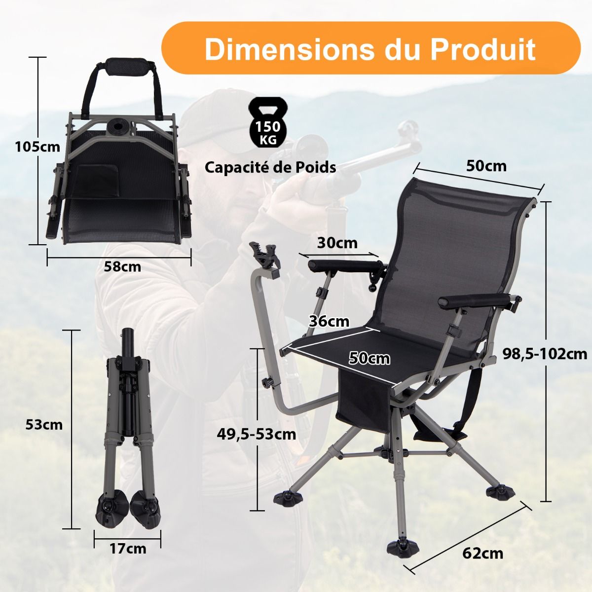 Portable Hunting Chair Shooting Chair with Adjustable Folding Seat 360° Rotation Adjustable Rifle Support Load 150 kg Black -