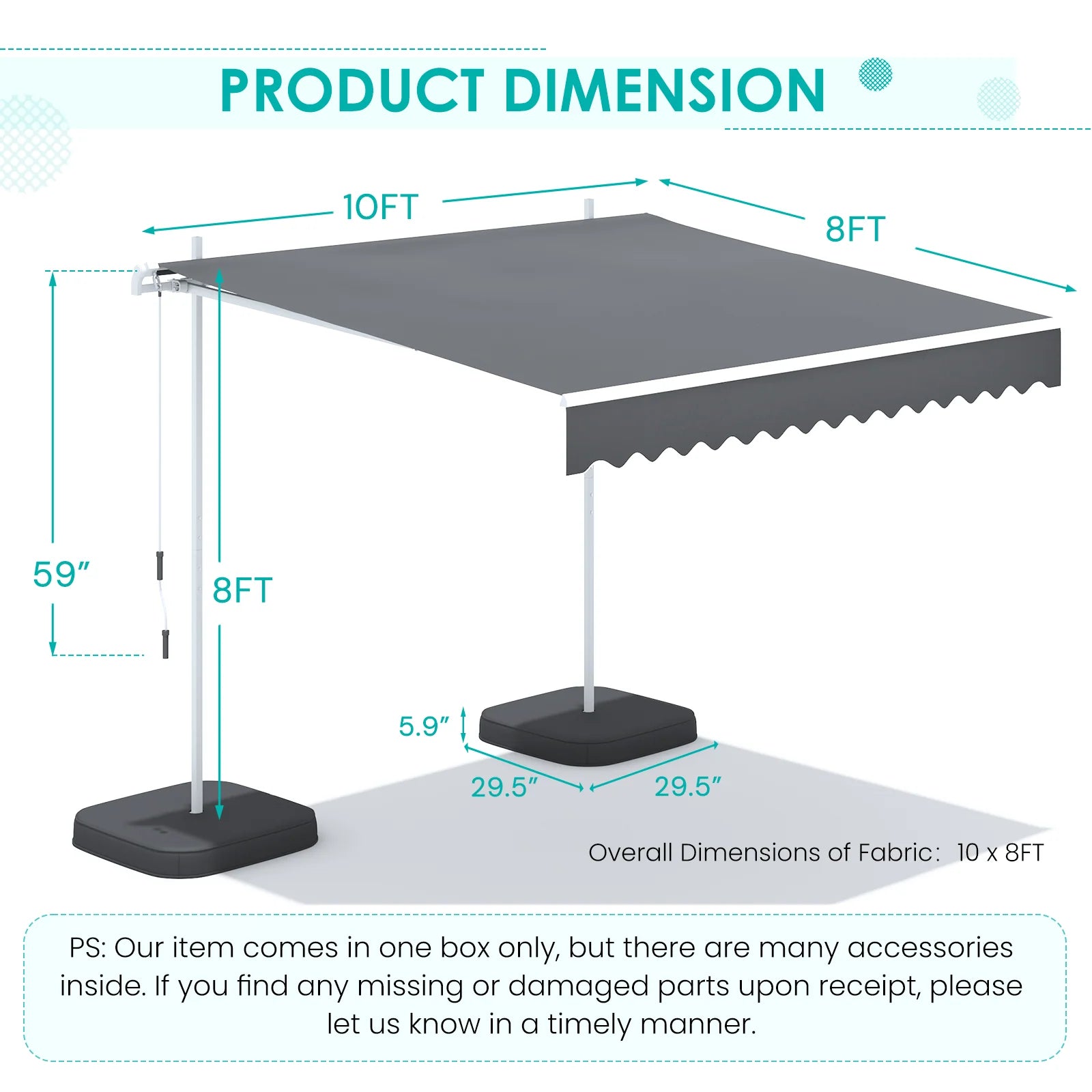 AECOJOY Free Standing Retractable Awning, 10'x8' Patio Awnings Outdoor Manual Sun Shade Shelter, Dark Grey - Product image 3