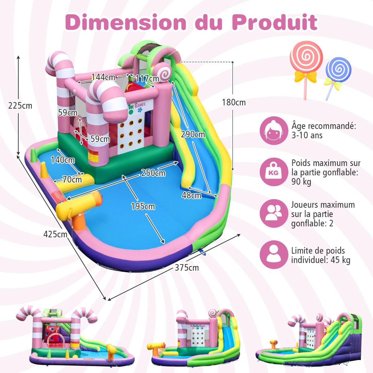 9 in 1 Candy Shaped Bouncy Castle with Slide Inflatable Jumping House with Water Gun Load 90kg for 2 Children Aged 3-10 -