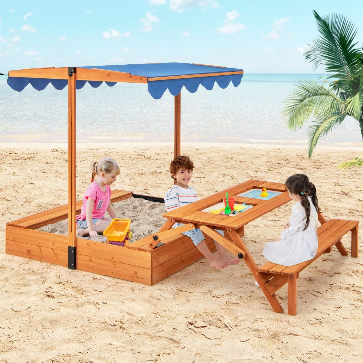 Wooden Children's Sandbox with Lid Play Area with Foldable Sensory Table & Adjustable Parasol Bench for 3+ Years Natural -