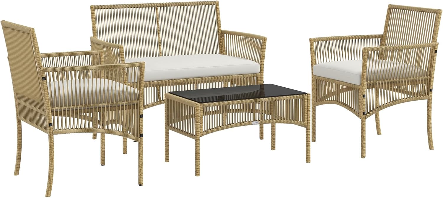 Outsunny Outdoor garden furniture 4 pieces 2-seater sofa + 2 armchairs + 1 coffee table Black tempered glass top 3 seat cushions - metal and woven resin - Beige
