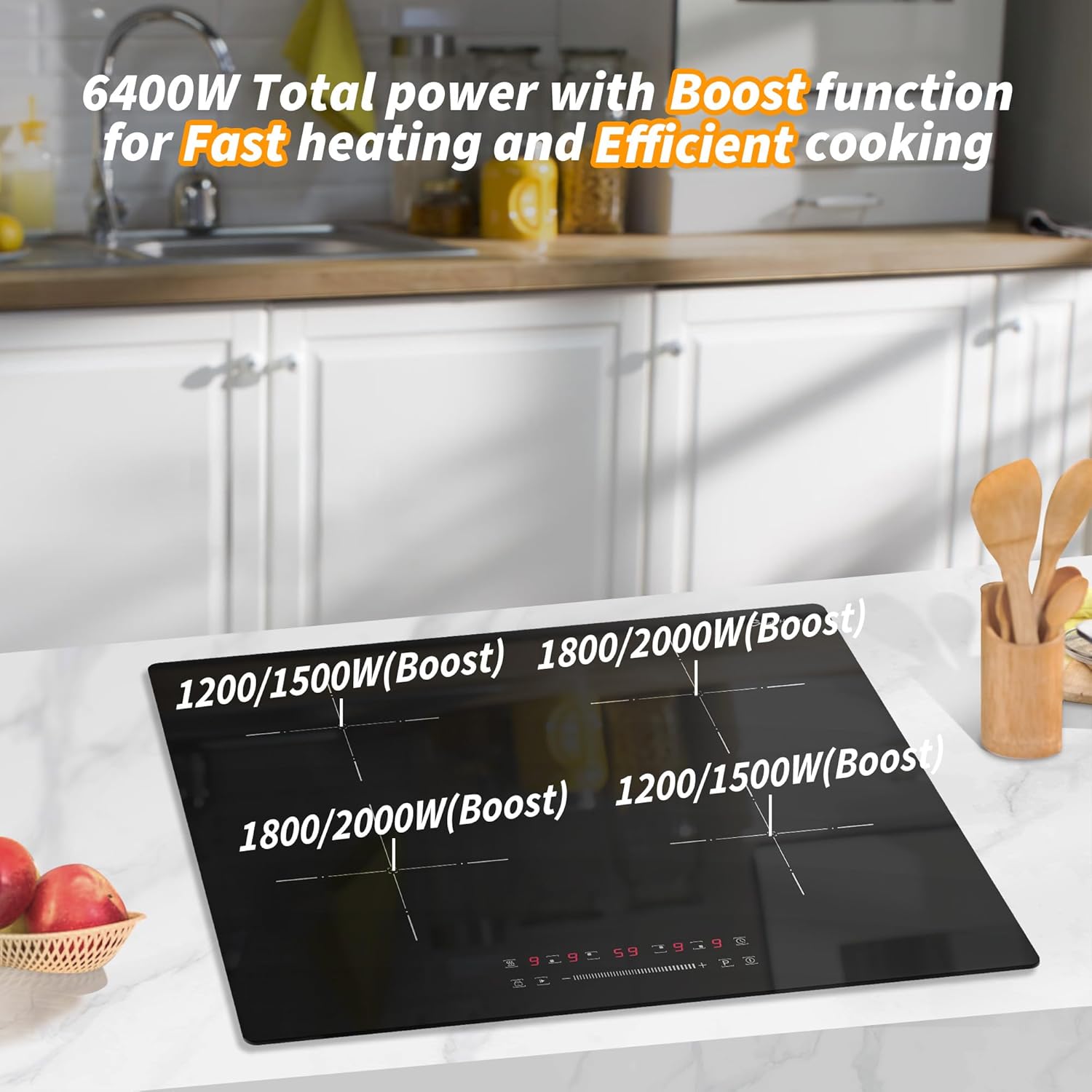 4 Burner Induction Hob, Induction Hob with Half-Deck Technology, Boost Function, Even Heating, 99 Min Timer, Safety Lock 6400W