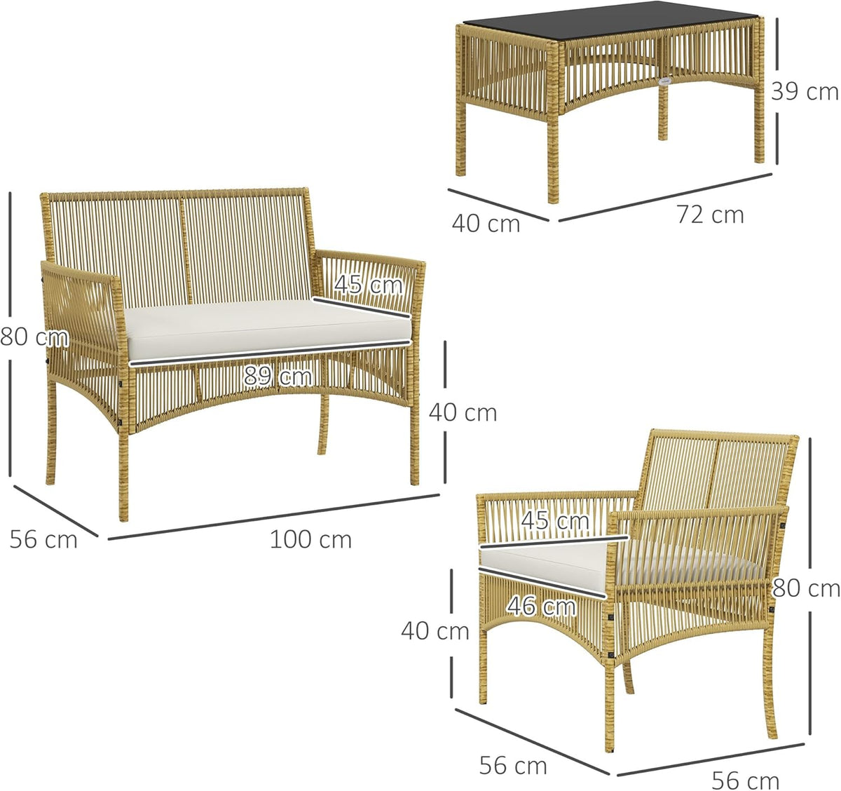 Outsunny Outdoor garden furniture 4 pieces 2-seater sofa + 2 armchairs + 1 coffee table Black tempered glass top 3 seat cushions - metal and woven resin - Beige