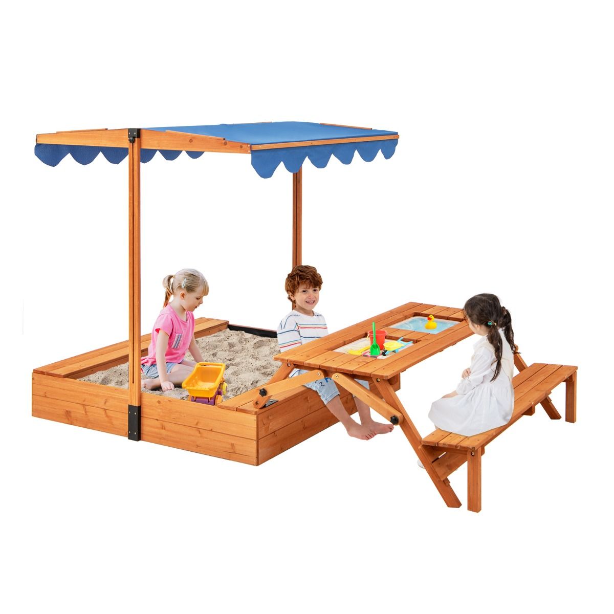 Wooden Children's Sandbox with Lid Play Area with Foldable Sensory Table & Adjustable Parasol Bench for 3+ Years Natural -