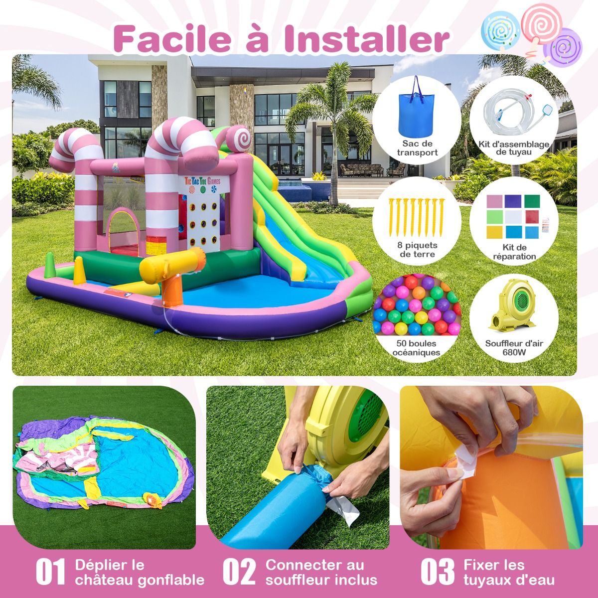 9 in 1 Candy Shaped Bouncy Castle with Slide Inflatable Jumping House with Water Gun Load 90kg for 2 Children Aged 3-10 -