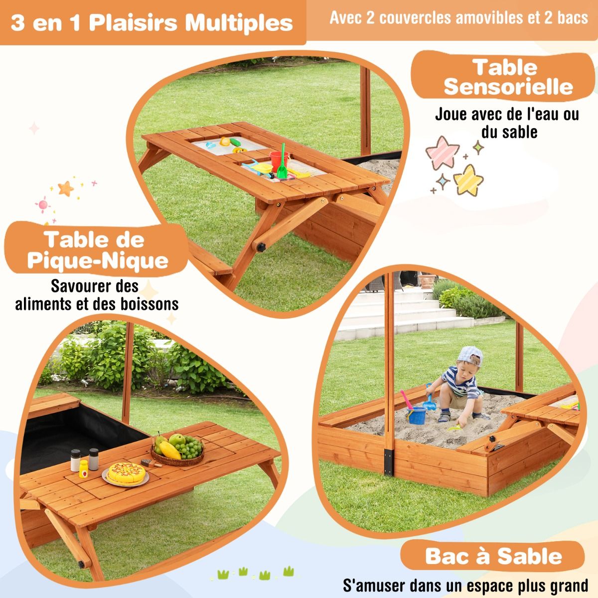 Wooden Children's Sandbox with Lid Play Area with Foldable Sensory Table & Adjustable Parasol Bench for 3+ Years Natural -