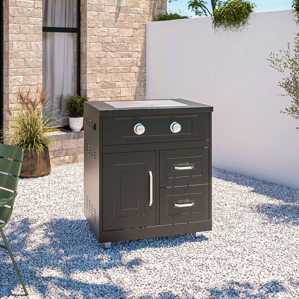 Outdoor metal kitchen with barbecue sink and storage