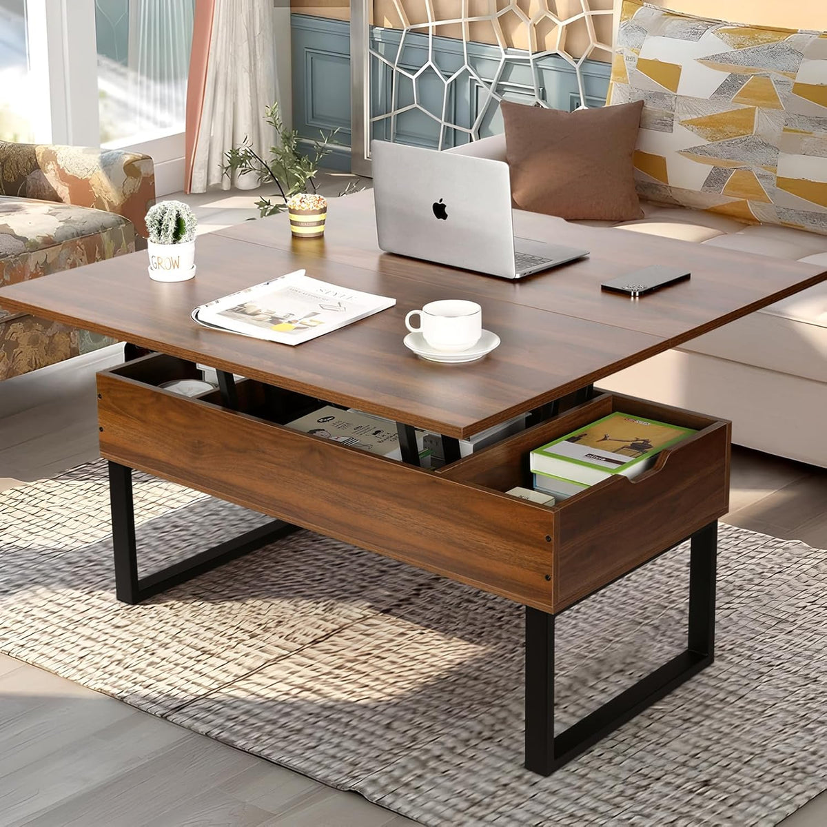 VOWNER Liftable Coffee Table, 3 in 1 Multifunctional Living Room Table with Hidden Storage, Convertible Living Room Dining Coffee Table, Walnut Color