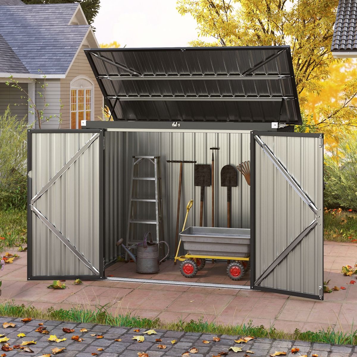 Galvanized Metal Storage Shed for Outdoor Bins Lockable Garden Shed with Open Roof 2 Doors 172X95.5X130CM Gray -