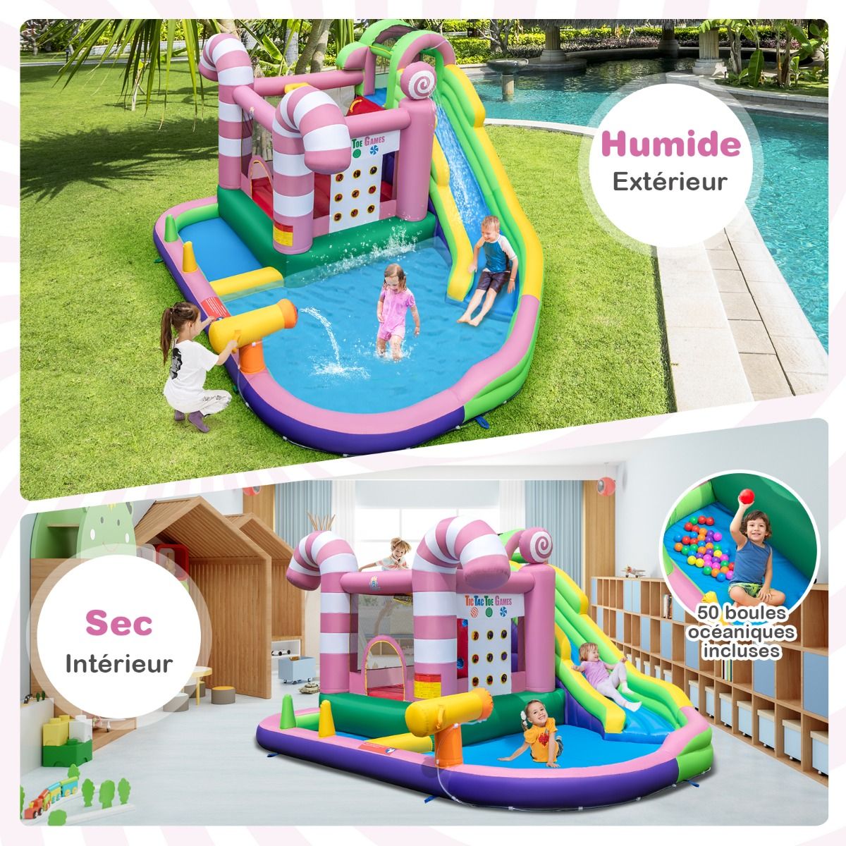 9 in 1 Candy Shaped Bouncy Castle with Slide Inflatable Jumping House with Water Gun Load 90kg for 2 Children Aged 3-10 -