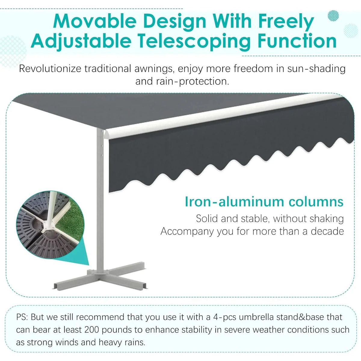AECOJOY Free Standing Retractable Awning, 10'x8' Patio Awnings Outdoor Manual Sun Shade Shelter, Dark Grey - Product image 14