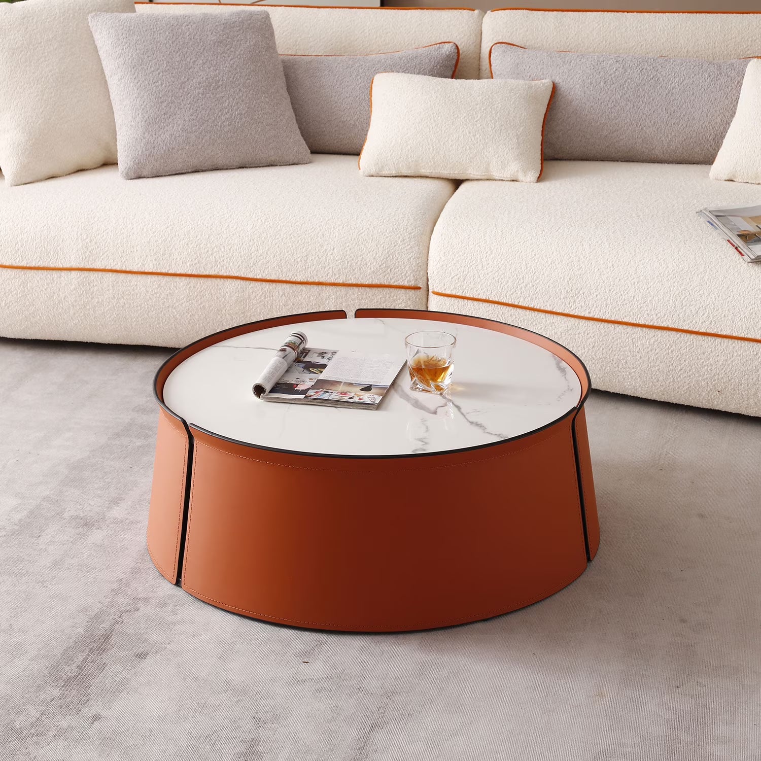 31.5 in Coffee Table, Marble Top+Orange Saddle Leather Body+Iron Frame - Product image 1