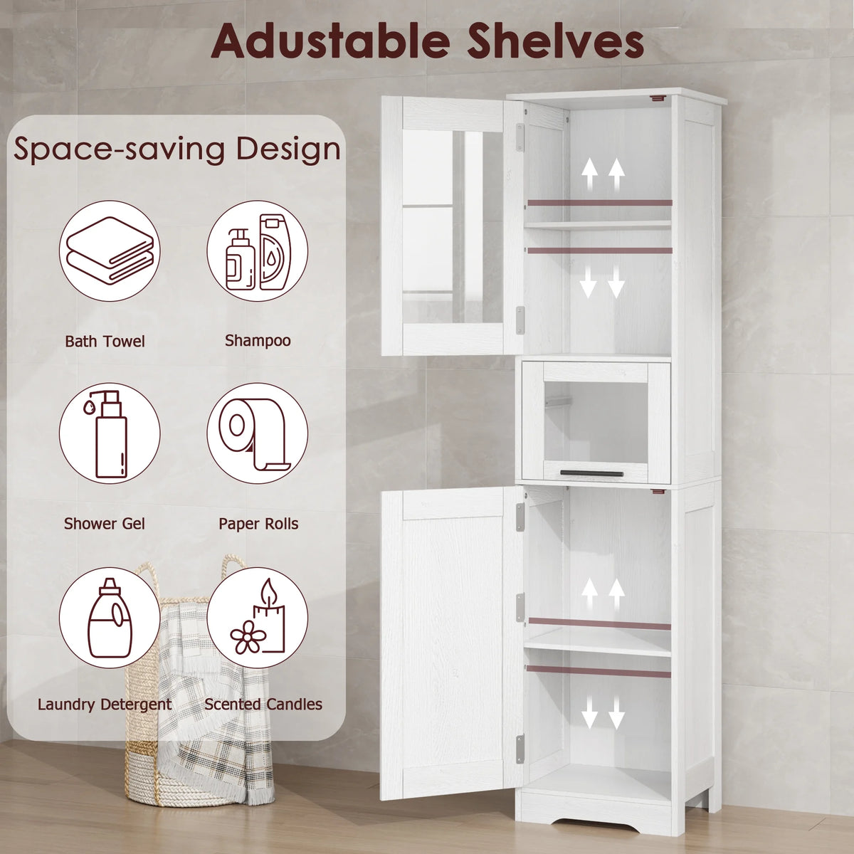 Bathroom Cabinet, Tall Storage Cabinet with Doors and Adjustable Shelf, Freestanding Floor Pantry Cabinet for Kitchen, Living Room, Laundry Room, Home Office
