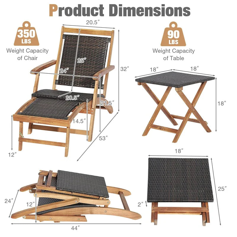 3-Piece Patio Lounge Chair Set, Acacia Wood Rattan Wicker Folding Chaise Lounge with Retractable Ottoman & - Product image 3