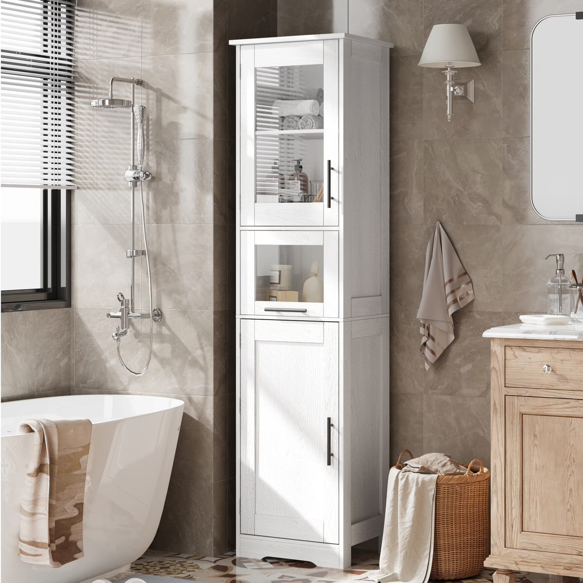 Bathroom Cabinet, Tall Storage Cabinet with Doors and Adjustable Shelf, Freestanding Floor Pantry Cabinet for Kitchen, Living Room, Laundry Room, Home Office