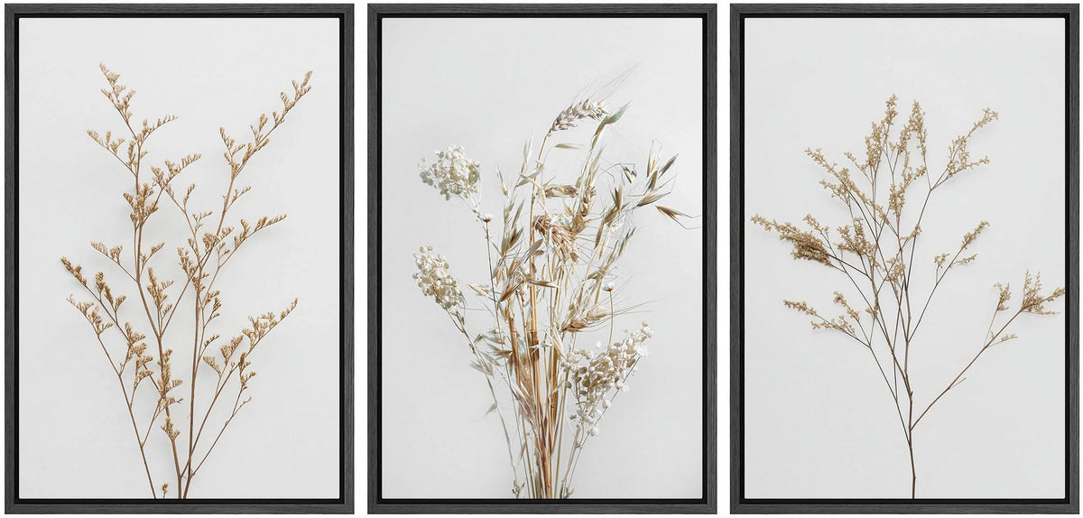 IDEA4WALL Framed Canvas Print Wall Art Set of 3 Wildflower Floral Botanical Prints, Modern Farmhouse Flowers Wall Decor, Large Wall Art, Minimalist Artwork for Home Decor - Black 16"x24"x3