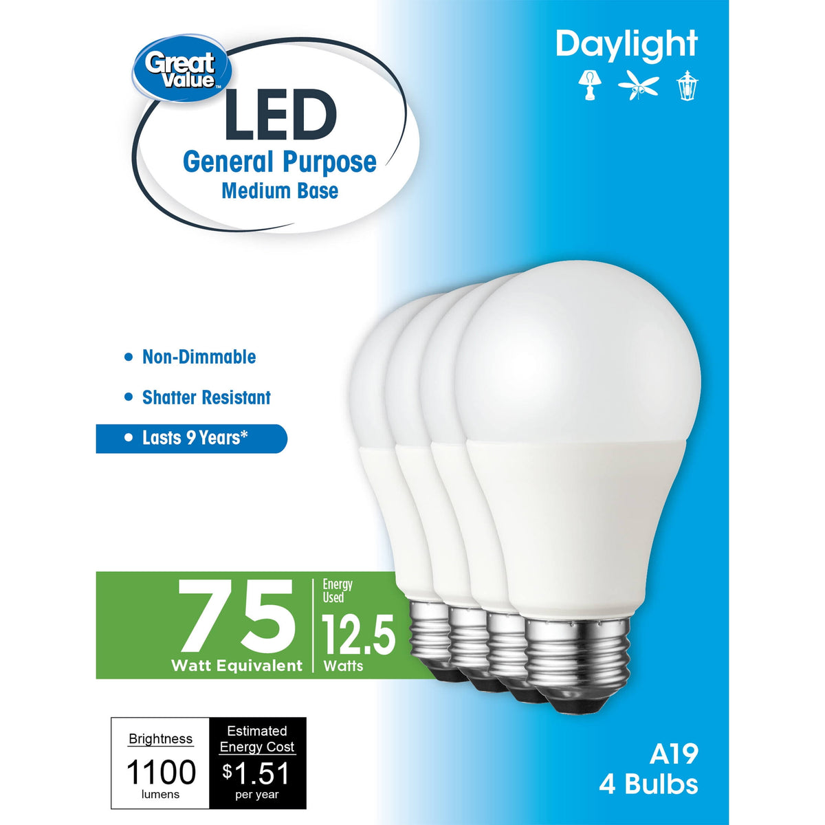 Great Value LED Light Bulb, 12.5 Watts (75W Equivalent) A19 General Purpose E26 Medium Base, Non-Dimmable - Product image 1