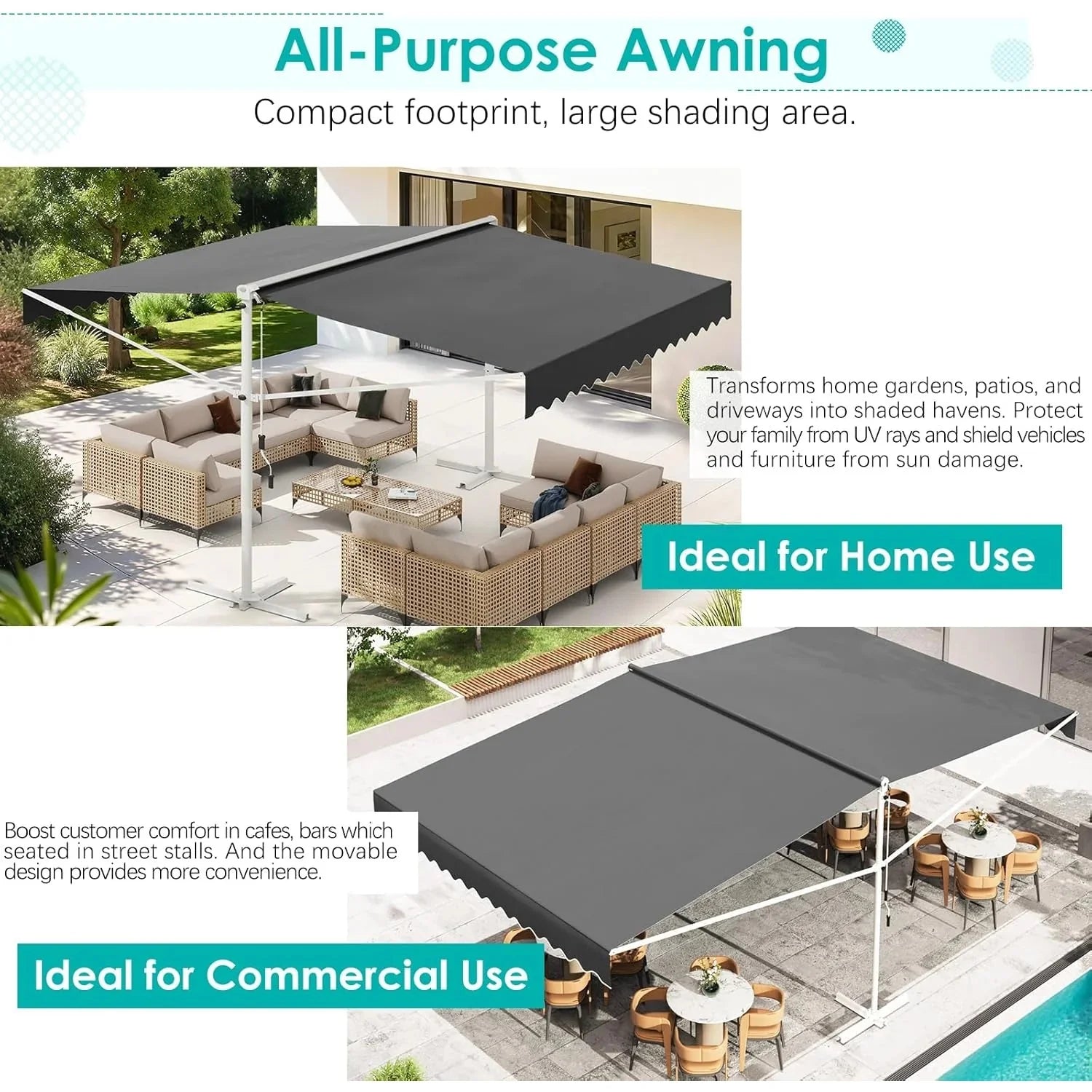 AECOJOY Free Standing Retractable Awning, 10'x10' Dual Side Patio Awnings Outdoor Manual Sun Shade Shelter - Product image 6
